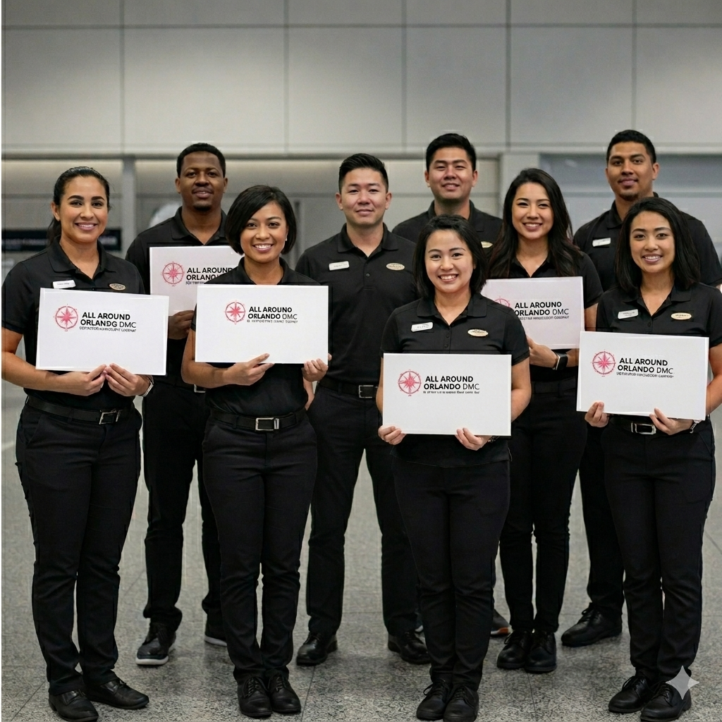 Meet and Greet Logistics Orlando team holding welcome signs at MCO airport